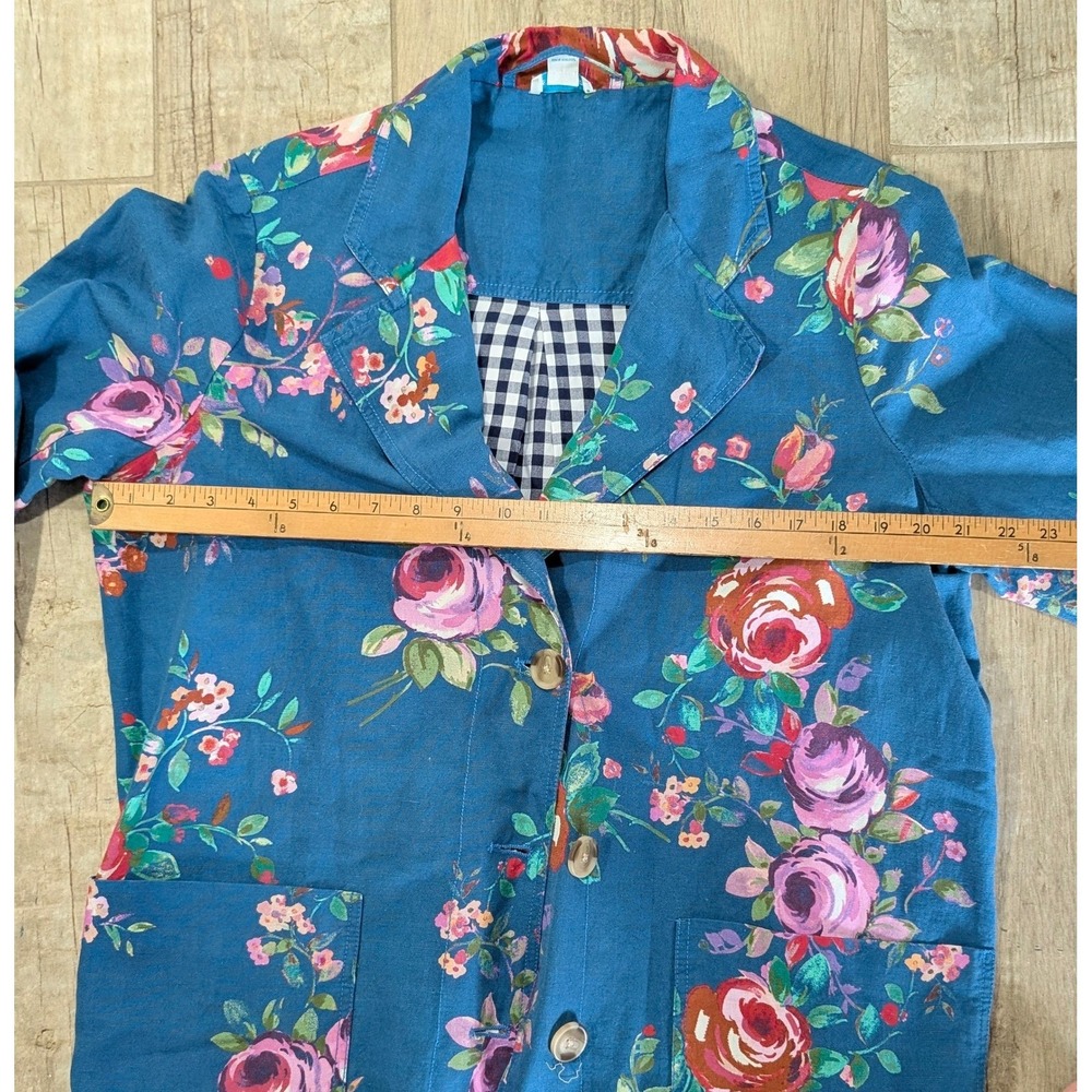 Sundance Royal Botanical Topper Coat Womens Medium Blue Floral Gingham Lining - Picture 3 of 8